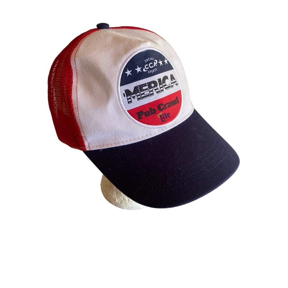 Merica Pub Crawl Red White‎ Blue Meshback Hat Cap Adjustable